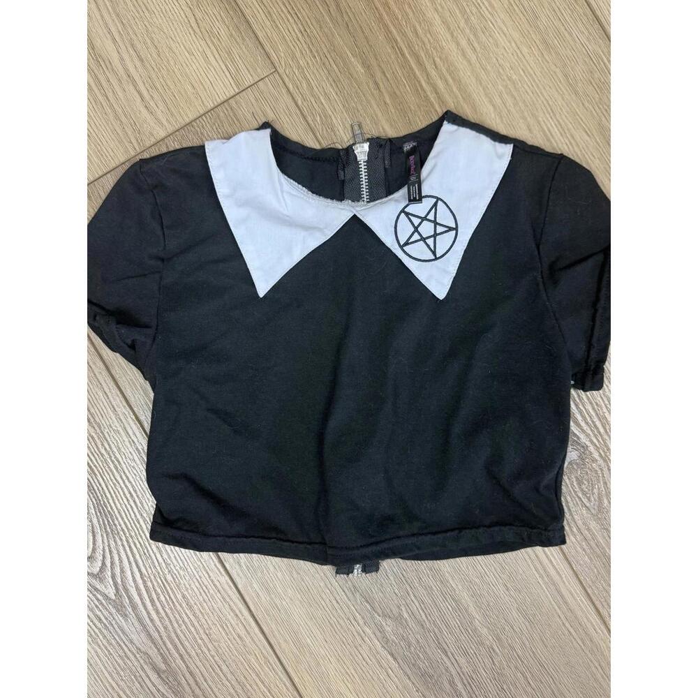 BodyRage Shirt Juniors Small Black Pentagram Collar Zip Back Gothic Crop Top